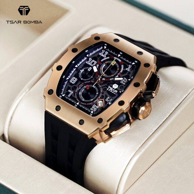 TSAR BOMBA Luxury Mens Watch Waterproof clock Stainless Steel Rose Gold Wristwatch Sport Fashion Tonneau Watch for Men Men's Watches Watches